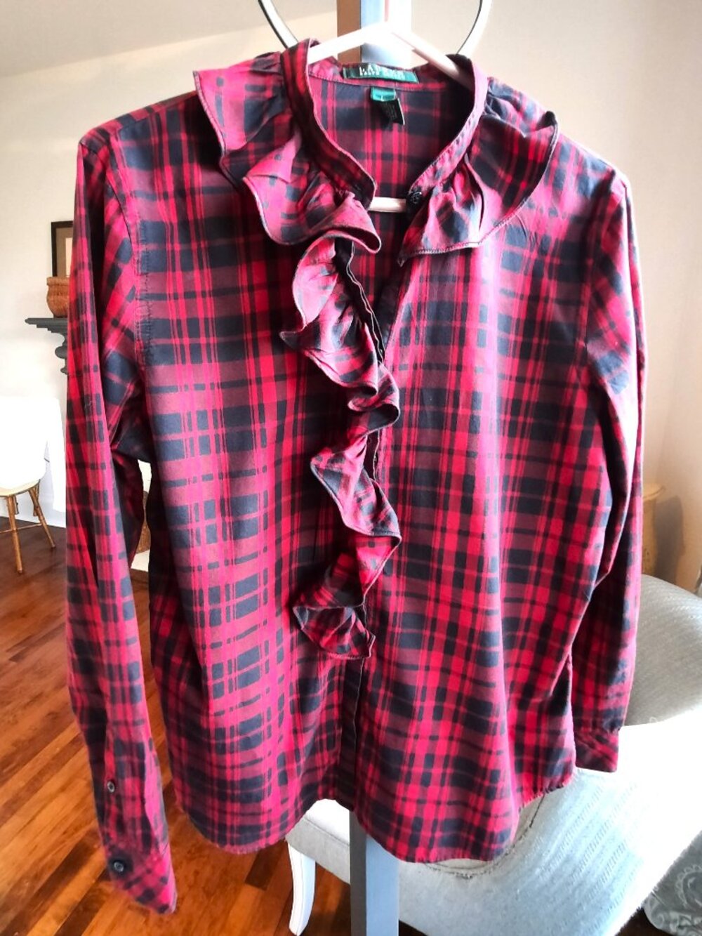 Pure cotton Ralph Lauren Red & Black Plaid Ruffle Front Blouse - Picture 2 of 6